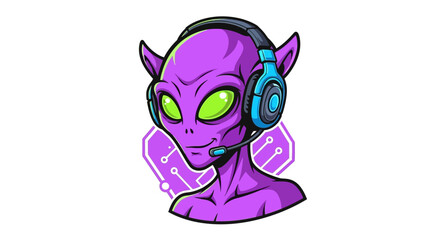 Vibrant alien gamer with headset and glowing eyes, ready to conquer the virtual world with futuristic design and technology