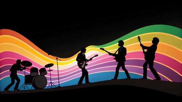 Four Beatles Silhouettes Playing Music on a Colorful Stage
