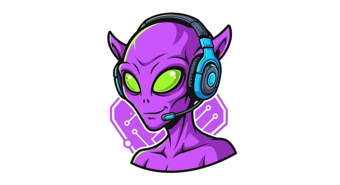 Vibrant alien gamer with headset and glowing eyes, ready to conquer the virtual world with futuristic design and technology