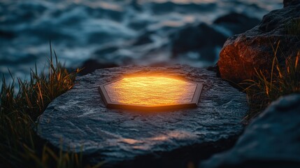 Hexagonal stone reflecting fiery glow, ocean backdrop
