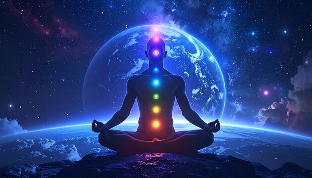 Meditating figure superimposed over a glowing cosmic landscape with chakra points highlighted in rainbow colors