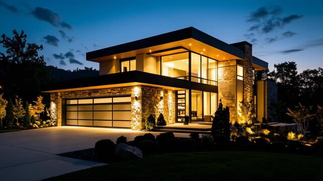 Modern architectural house exterior at dusk featuring stone facade, flat roof, panoramic windows, illuminated garage and landscaping in an upscale neighborhood.