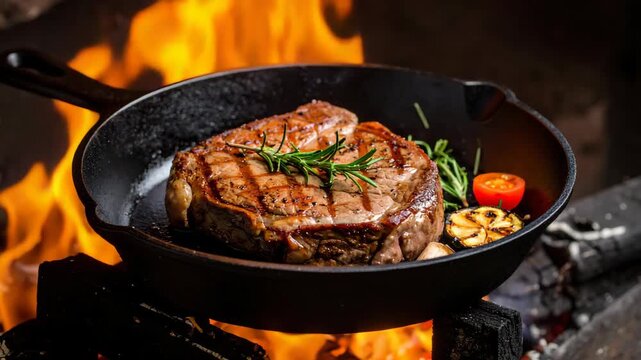 Juicy grilled steak in a cast iron skillet over an open fire, garnished with fresh rosemary, tomato and grilled squash on wooden supports, close-up view.