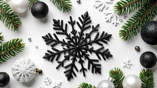Elegant winter arrangement of pine branches, snowflake ornaments, and sphere ornaments on white surface, festive seasonal holiday.