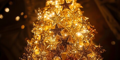 Golden Christmas Tree with Star and Bokeh Lights on Blue Background