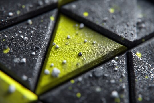 close up of geometric tiled surface with yellow triangle
