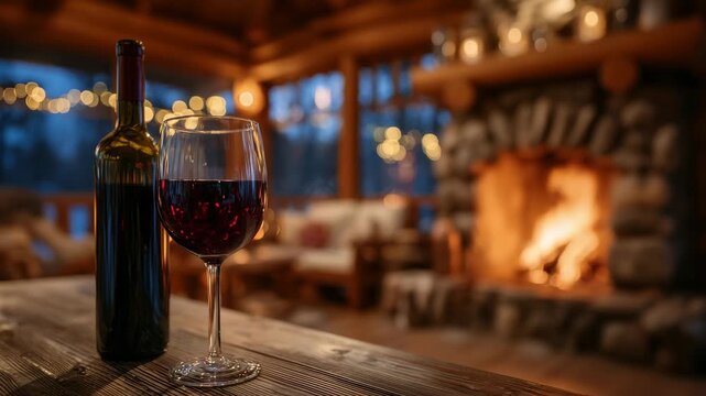 Warm winter evening, bottle and glass of red wine on wooden table, rustic stone fireplace in background, soft shadows and cozy cabin interior details