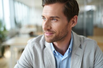 Obraz premium Confident man in a light gray blazer smiling while looking out the window