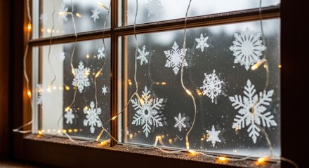Window decorated with snowflakes and fairy lights for a festive winter holiday