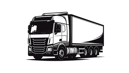 Monochrome illustration of a semi-truck with a cargo trailer, rendered in a clean, vector-like style. Shows the side view