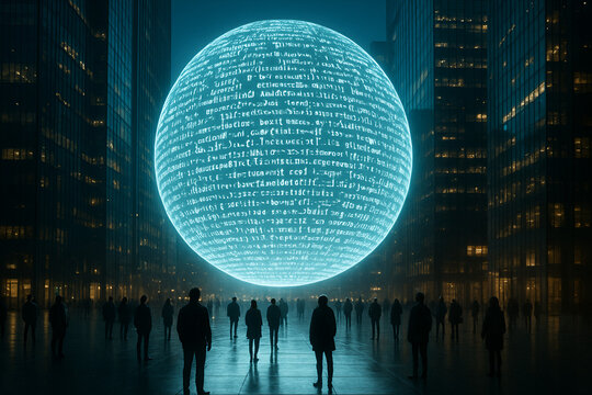 People Gazing at a Giant Holographic Globe Covered in Code Between Skyscrapers