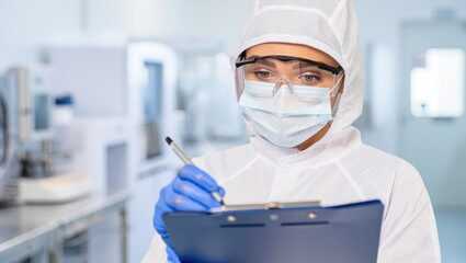 Scientist in protective gear taking notes in a laboratory setting