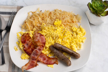 scramble eggs  with  sausage and bacon