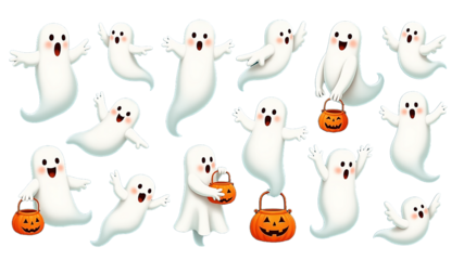 Halloween Ghosts with Pumpkins Trick or Treat Cartoon Illustration