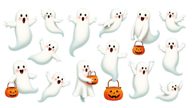 Halloween Ghosts with Pumpkins Trick or Treat Cartoon Illustration