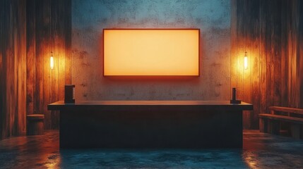 Industrial-style interior with warm lighting and blank wall art