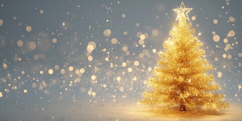 Golden Christmas Tree with Star and Bokeh Lights on Blue Background