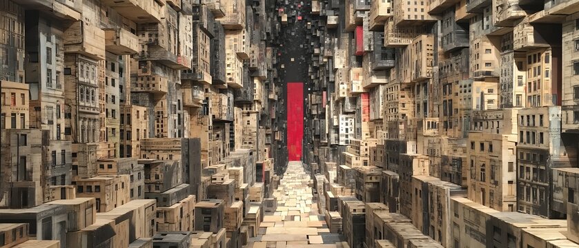 abstract tunnel of stacked beige blocks with red accent