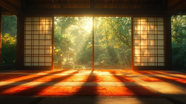 Japanese temple interior, sunlight streams through shoji screens - Powered by Adobe