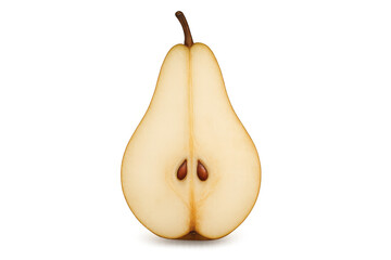 Fresh pear half cut showing seeds, juicy fruit slice, healthy organic food with transparent background