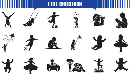 Naklejka premium Collection of child, kid, children, kids, icon, icons, silhouette, diverse child silhouette icons representing various activities and play
