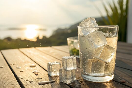 Clear ice cubes melting in a glass of water on a wooden table