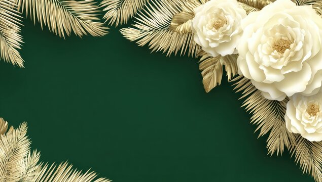 White roses and gold palm leaves frame a rich green background.