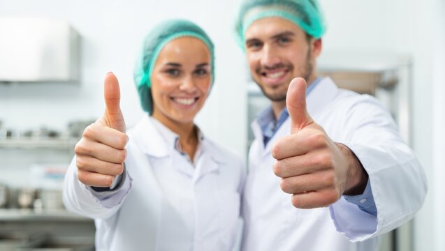 Smiling male and female chefs giving thumbs up in a professional kitchen