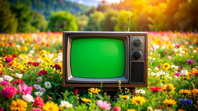 Vintage television set with green screen standing in vibrant flower field with mountain backdrop on sunny day