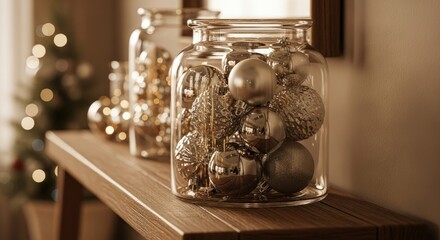Glass jars filled with silver christmas ornaments on a wooden shelf decoration