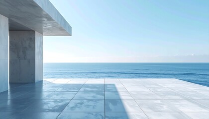 Obraz premium Modern architectural space with ocean view under a bright sky. Sunlight creates shadows on the concrete patio floor reflecting the clear blue water