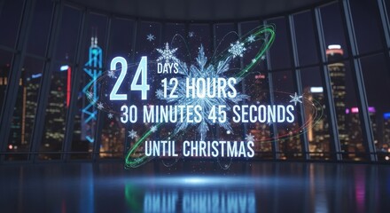 Christmas countdown timer in a modern office with a city skyline at night view
