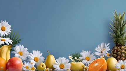 Tropical fruits and white daisies on blue background, summer floral border with pineapple, orange, and pear for fresh design with copy space.