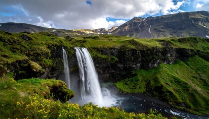 Majestic waterfall cascades down a cliff, surrounded by lush green hills and a dark, volcanic landscape under a cloudy sky