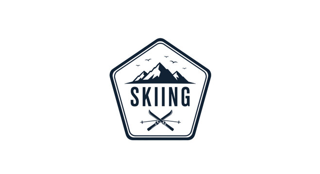 Vintage skiing badge logo with mountain peaks and crossed skis, perfect for winter sports branding and outdoor adventure.