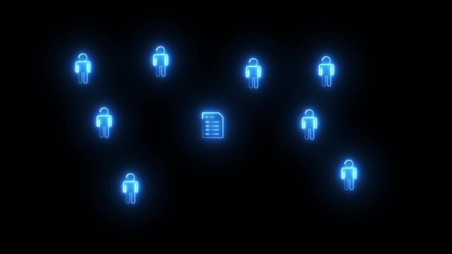 Figures scattered across dark background with glowing blue document icons in center. Data network technology with community teamwork and information sharing. Futuristic digital business concept.4k 