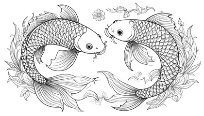 Monochrome illustration of two koi fish, gracefully curving towards each other within a floral and aquatic design, hinting at harmony