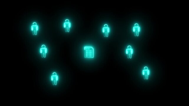 Figures scattered across dark background with glowing blue document icons in center. Data network technology with community teamwork and information sharing. Futuristic digital business concept.4k 