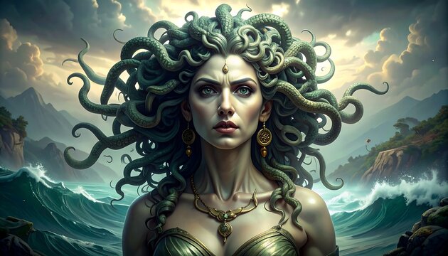 Medusa portrait with snake hair, ocean waves, stormy sky, and islands in background, gold jewelry