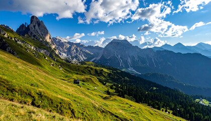 Mountainous vista grass-covered slopes rise to jagged peaks under a blue sky dotted with fluffy, white clouds