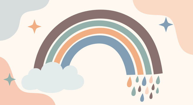 Soft and muted bohemian rainbow illustration featuring clouds, stars, and colorful raindrops on a light background.