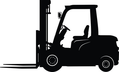 Naklejka premium Black silhouette of a forklift truck industrial vehicle, forklift, truck, industrial, vehicle, machinery, equipment, logistics, warehouse, transport, cargo, lifting, heavy, silhouette, black, white, i
