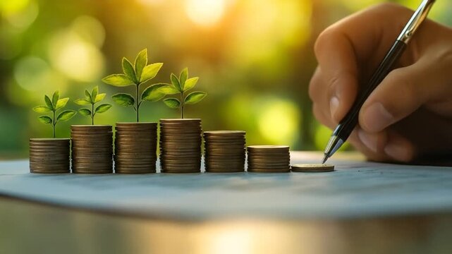 Coins stacked in ascending order with plants sprout, hand with pen