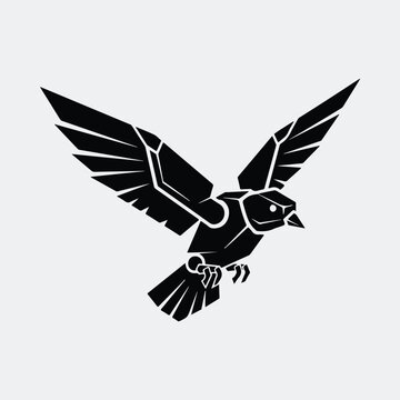 Silhouette mechanical raven flying robotic bird vector illustration