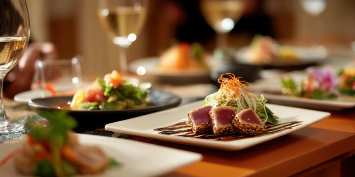 Seared tuna appetizer plated salad elegant table setting wine glass fine dining Asian fusion - Powered by Adobe
