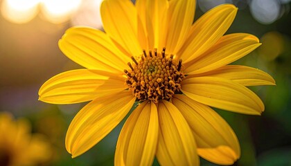 Radiant Yellow Sunflower Blossom Detailed Close Up with Golden Hour Backlight Capturing Vibrant Petals and Natural Beauty in Soft Focus Green Background