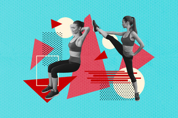 Full image 3d poster art collage of happy girl do squad yoga balance healthy lifestyle warm up...