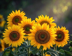 Radiant Yellow Sunflowers in Full Bloom Against Soft Bokeh Background Warm Golden Light Beautiful Floral Display Natural Garden Scene Bright and Cheerful © siska