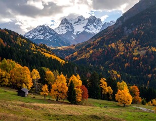 Mountainous vista showcasing autumn foliage and snow-capped peaks under a cloudy sky. A small wooden structure rests on a grassy slope