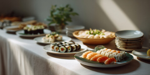 Sushi platter and assorted rolls on buffet table with soft sunlight, elegant catering display and warm inviting atmosphere